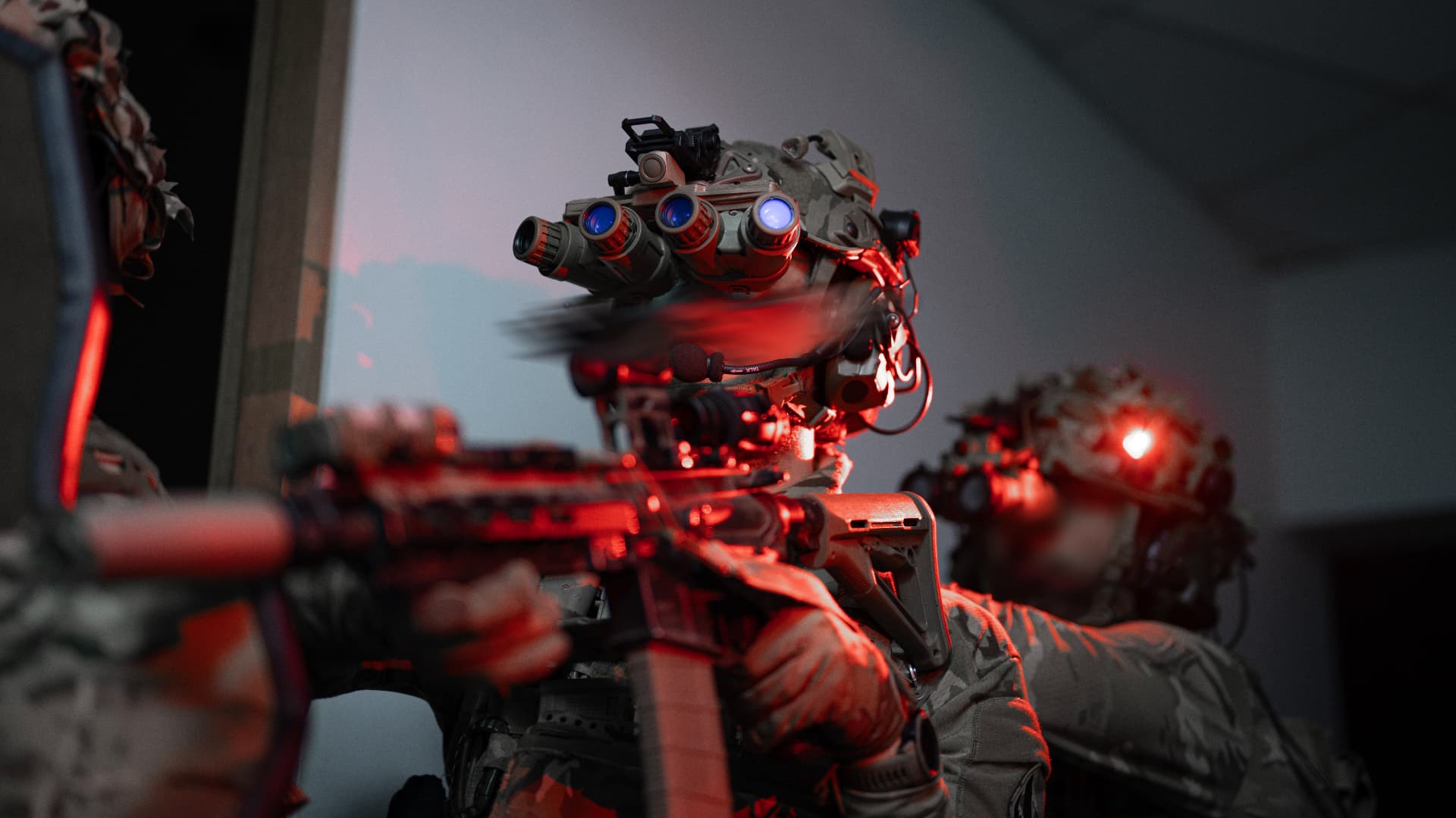 Operateurs forces speciales equipes de jumelles de vision nocturne en operation nocturne — photographie defense Danger Dynamics